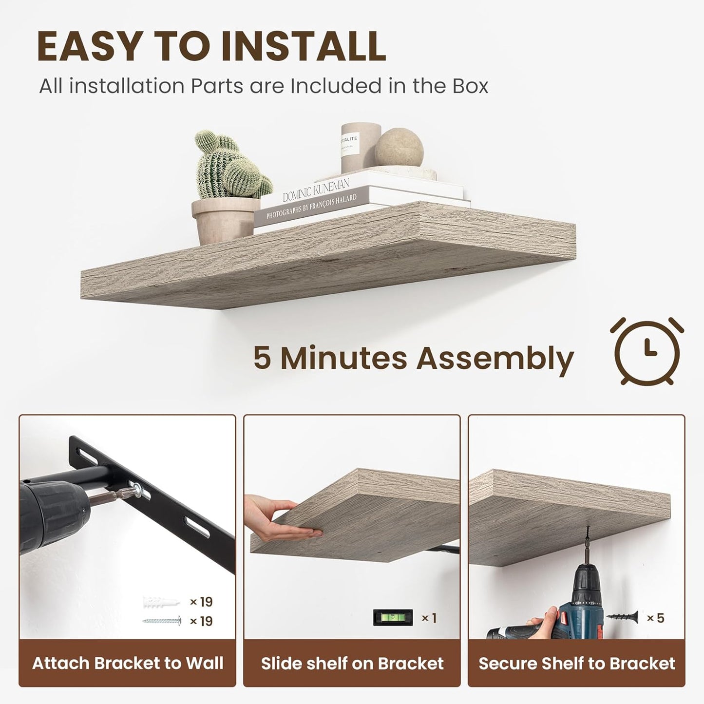 36 Inch Floating Shelves, 11.6 Inch Deep Floating Shelves for Wall, Floating Shelf with Invisible Brackets, Deep Shelves for Bathroom, Bedroom, Living Room, 2 Pack, Vintage Gray Oak