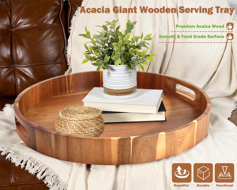 Extra Large Round Serving Tray, 20INCH, Heavy Duty Acacia Wood Trays for Big Ottoman Coffee Table Counter Giant Decorative Organizer Tray, Huge Kitchen Serveware Cheese Board Charcuterie Tray