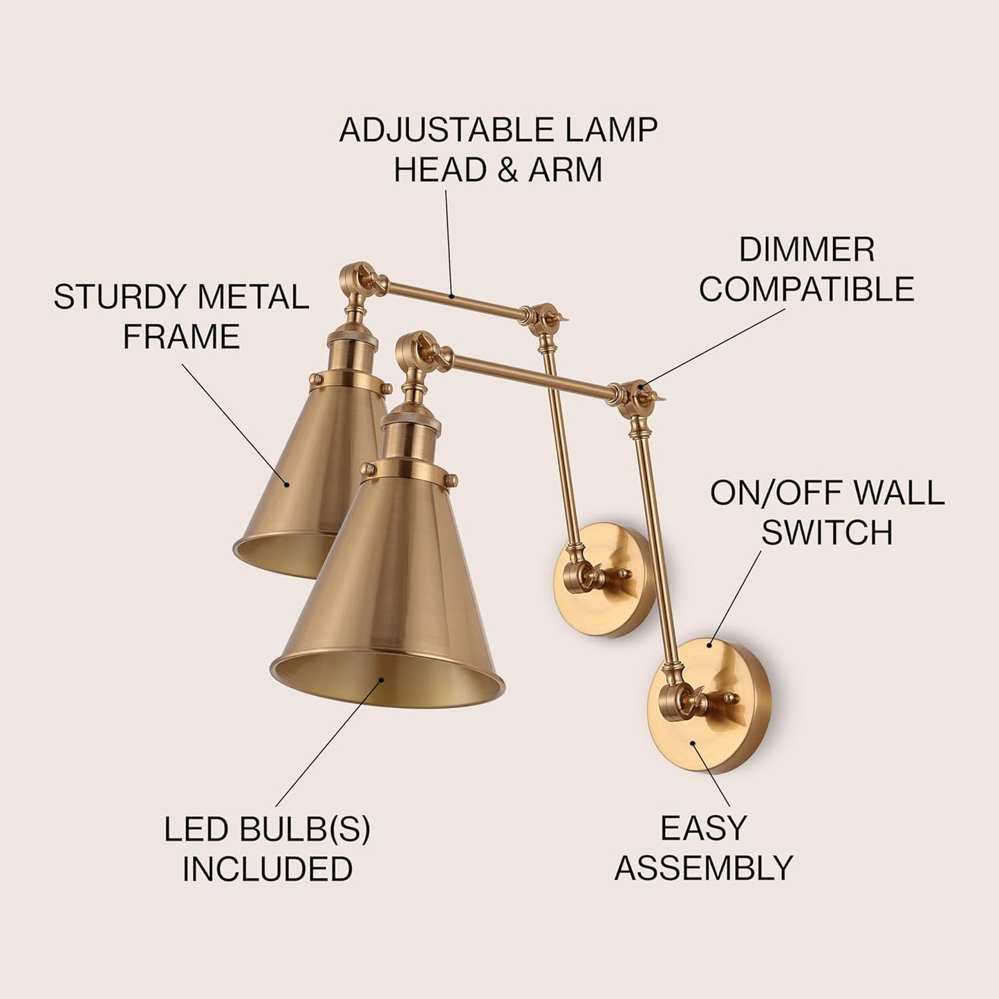JONATHAN Y JYL7461A-SET2 Rover 7" Farmhouse Industrial Adjustable Arm Metal LED Wall Sconce Rustic Bohemian 2700K 4W Bulb for Entryway Lobby Kitchen Bathroom Bedroom Hallway, Brass Gold (Set of 2)