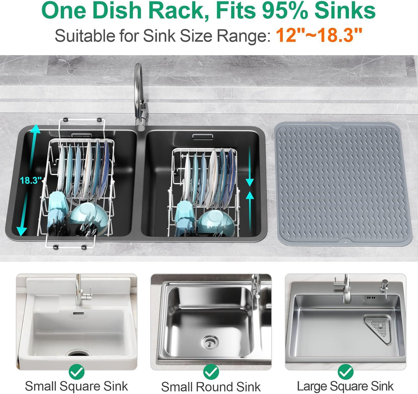 GSlife Expandable in Sink Dish Drying Rack Small with Silicone Mat - Stainless Steel Capacity Adjustable Over The Sink Dish Rack with Utensil Holder for Counter or Inside Sink (12.4" -16.8"), Silver