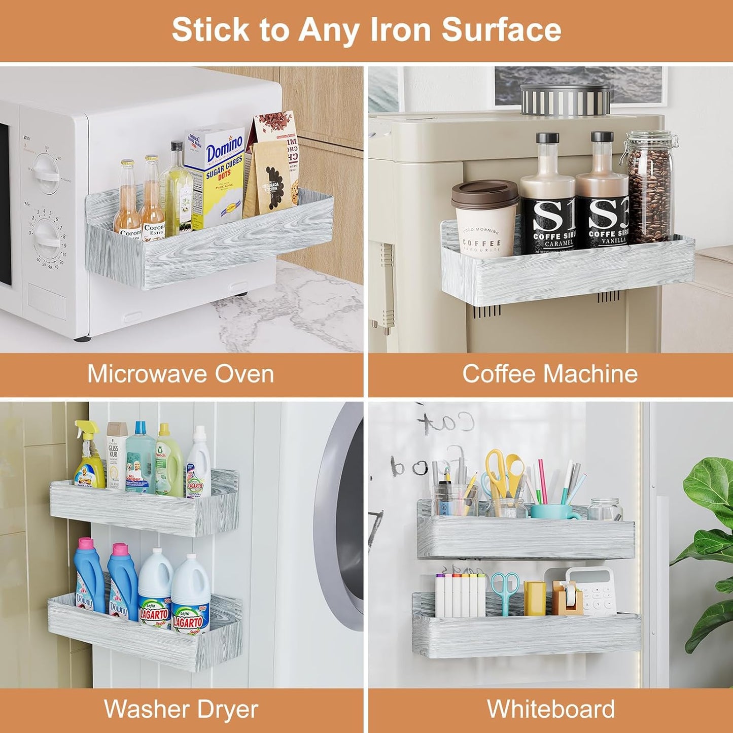 Magnetic Spice Rack for Refrigerator, Kitchen Organizer and Storage Shelf, Wood White(4 Pack)