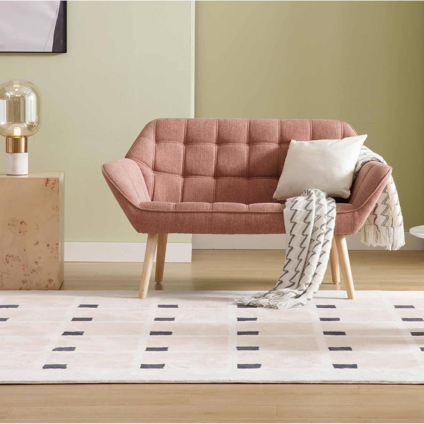 48" Small Loveseat Sofa, Modern Linen Fabric Mini Sofa Couch 2-Seater Love Seat with Quilting Backs and Wood Legs for Living Room, Bedroom and Small Space, Pink