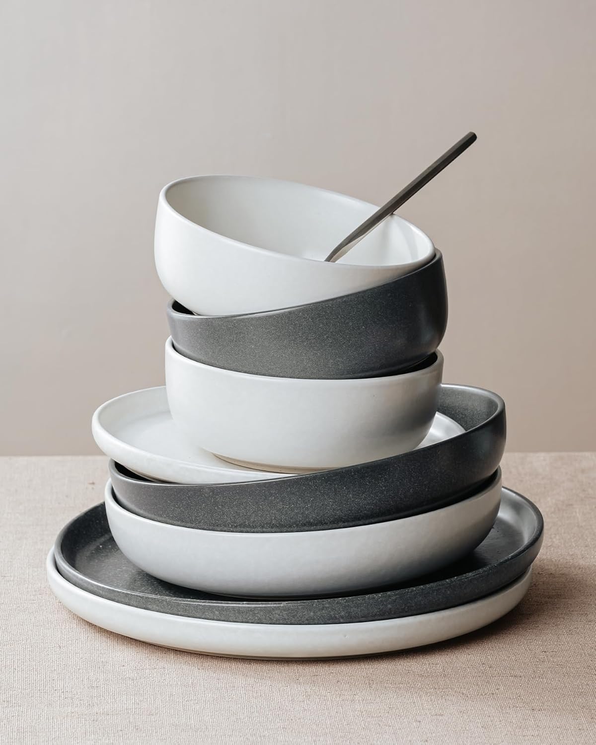 Famiware Milkyway Plates and Bowls Sets, 12 Pieces Dinnerware Sets, Reactive Glaze Dish Set, Stoneware Dishes Set for 4, Matte White & Matte Dark Charcoal