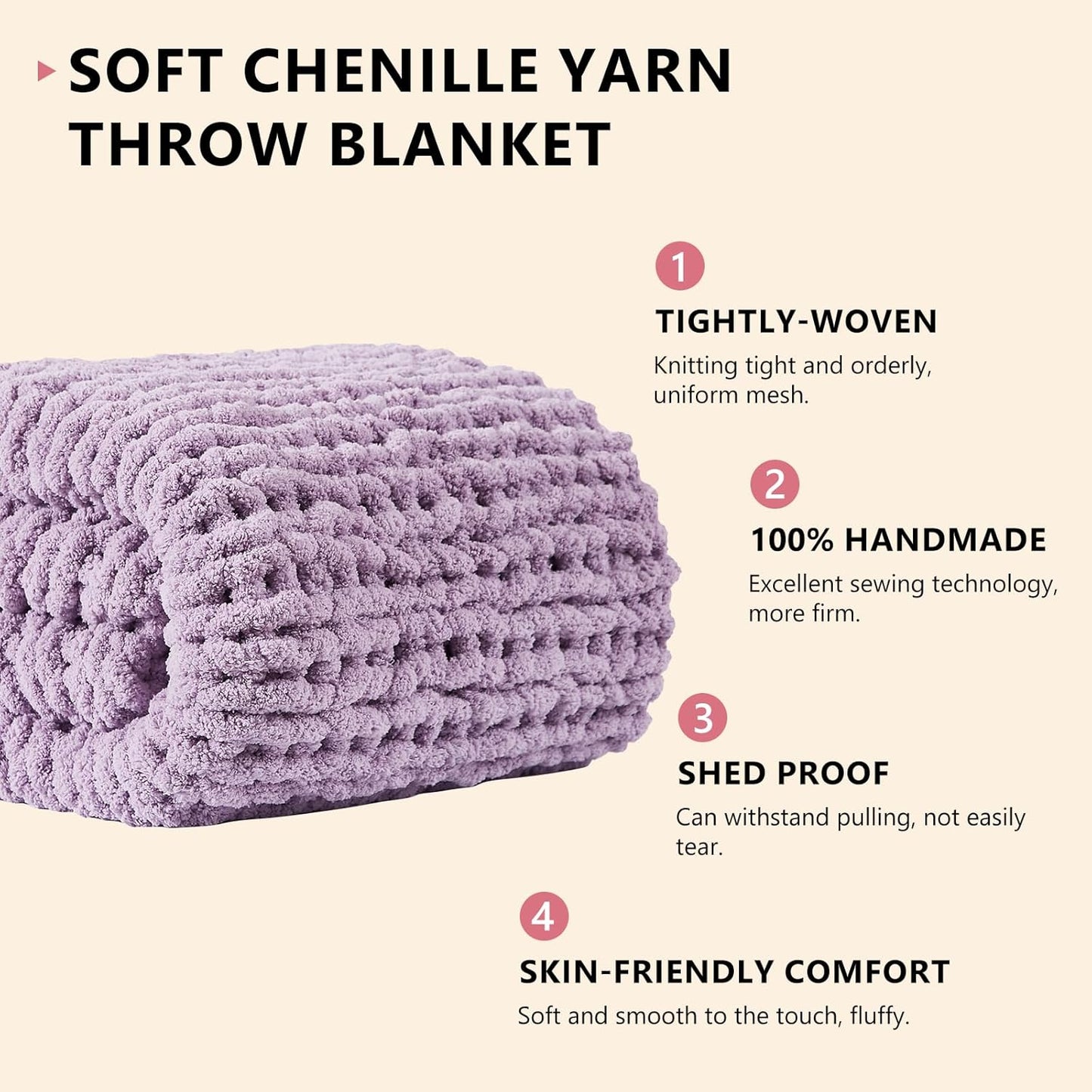 L'AGRATY Chunky Knit Blanket Throw: 80''x90'' Chenille Chunky Knitted Throw Blanket for Bed Couch - Handmade Thick Big Cable Knit Blanket - Large Chunky Crochet Rope Blanket for Home Decor(Purple)