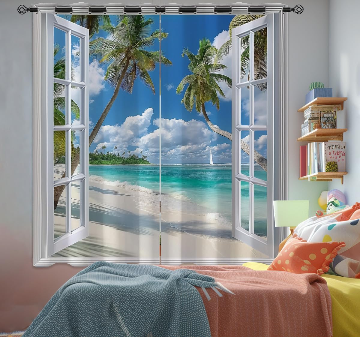 Beach Blackout Curtains for Girls Boys Teens Home Decor, Tropical Summer Scene Ocean Island Palm Tree Grommet Thermal Insulated Drapes Darkening Window Curtain for Bedroom Living Room, 42 x 45 Inch