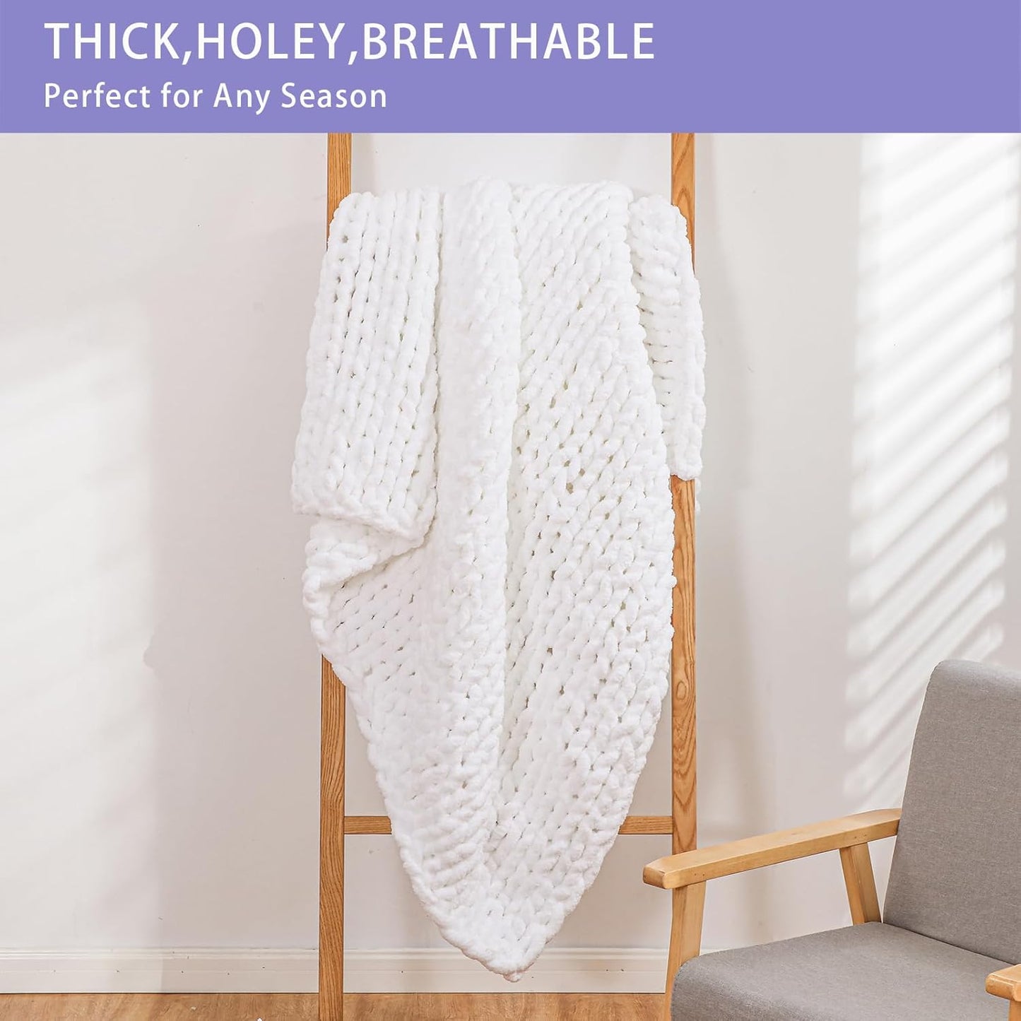 Bigacogo Chunky Knit Throw Blanket for Couch, 40x40 inches, 100% Hand Knitted with Thick Jumbo Chenille Yarn, Cozy Soft Large Rope Knot Cable Crochet Blankets for Sofa Bed Living Room, White