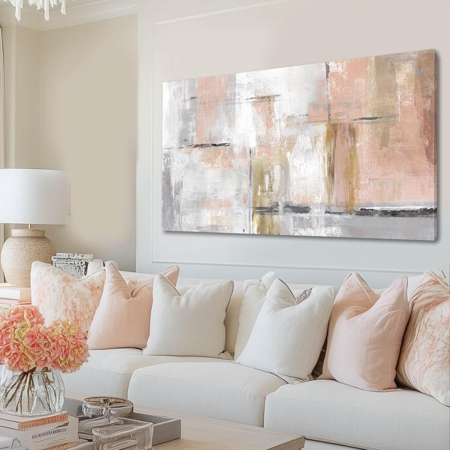 SOUGUAN Canvas Art Gold Wall Decor for Girl Pink Pictures for Living Room Wall Decoration Abstract Wall Art White Modern Painting Pictures 20"x40"