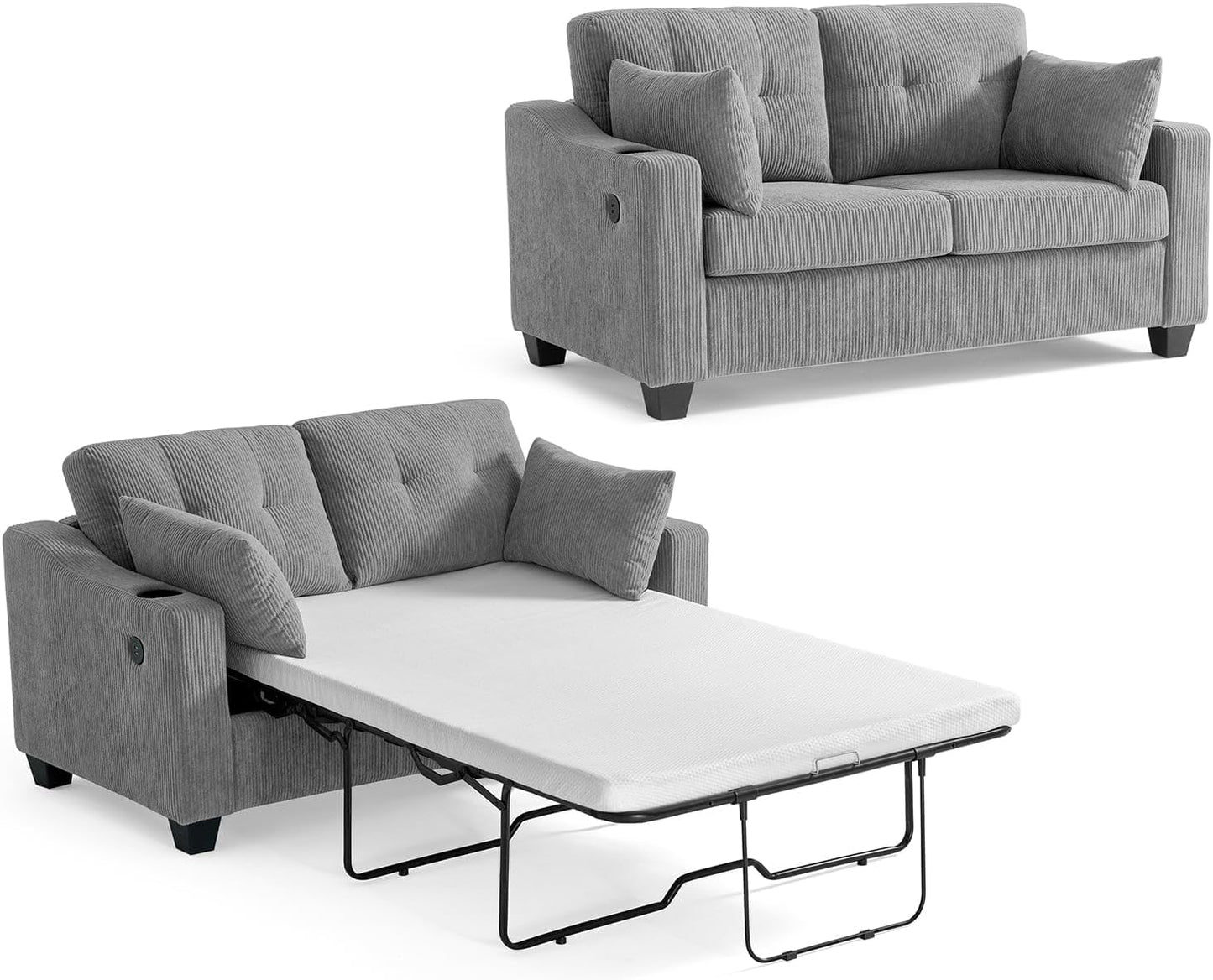 CHIC HOUSE Pull Out Sofa Bed, Full Size Sleeper Sofa, 2-in-1 Convertible Corduroy Couch with USB Charging, Memory Form Couch for Living Room, Apartment and Small Space (Grey, Corduroy - Full Size)