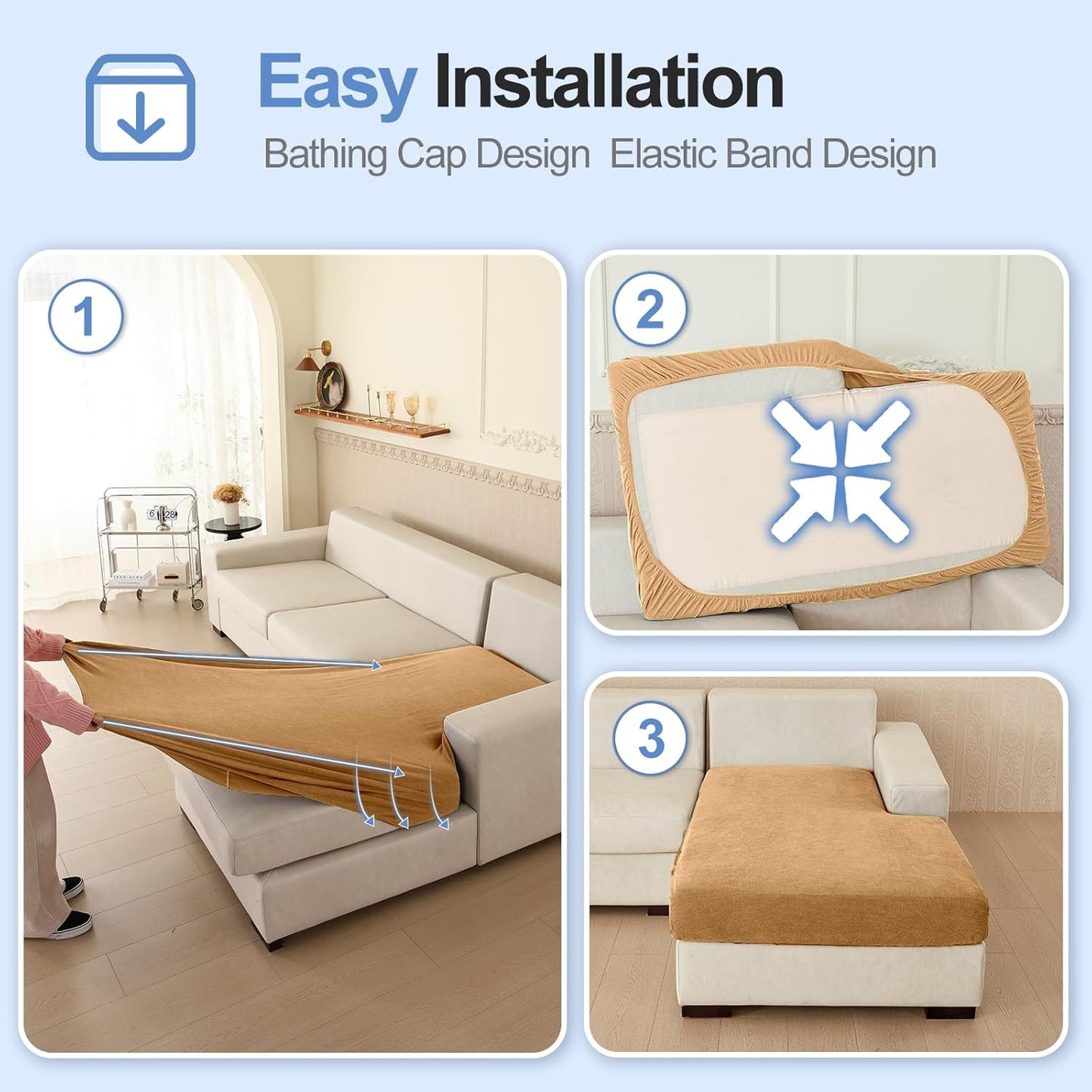 Sectional Couch Covers for L Shaped Sectional Sofa (Left or Right Facing) – Softer Chenille Sofa Covers Washable, Non-Slip Stretch Chaise Slipcover (Only 1PC Chaise Cushion Cover, Khaki)