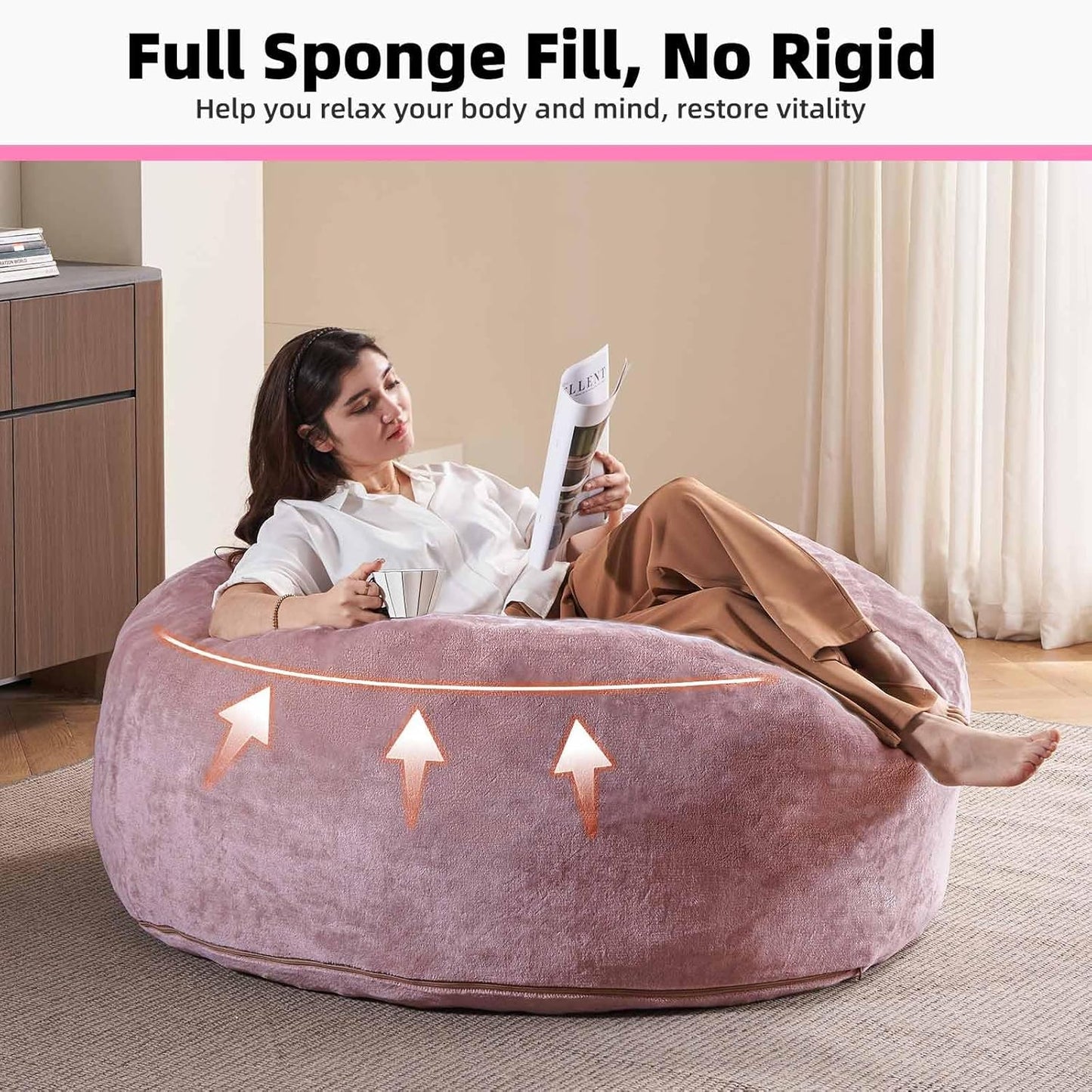 4FT Large Bean Bag Chairs,Big Adult Size Memory Foam Beanbags with Filler Included,Machine Washable Corduroy Cover,Ultra Soft Plush Gaming Bing Bag Puff Chair for Dorm, Living Room & Bedroom (Pink)