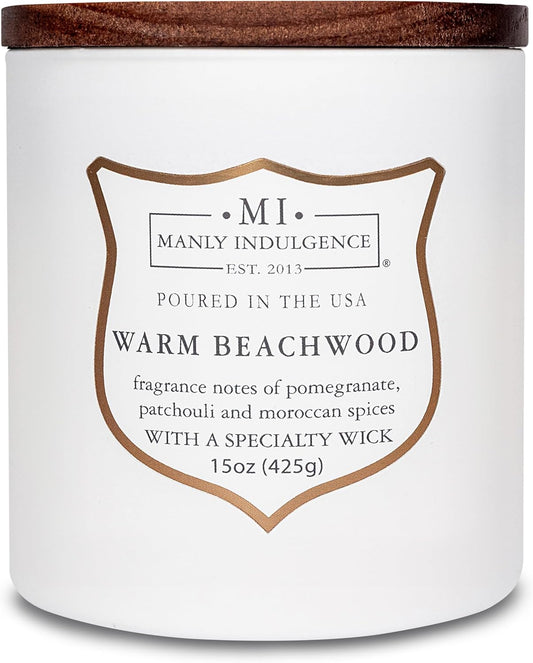 Manly Indulgence Warm Beachwood Scented Candles for Men, 15 oz Wooden Wick, Premium Soy Blend Wax, 60H Burn, Candles for Home Scented - Made in The USA