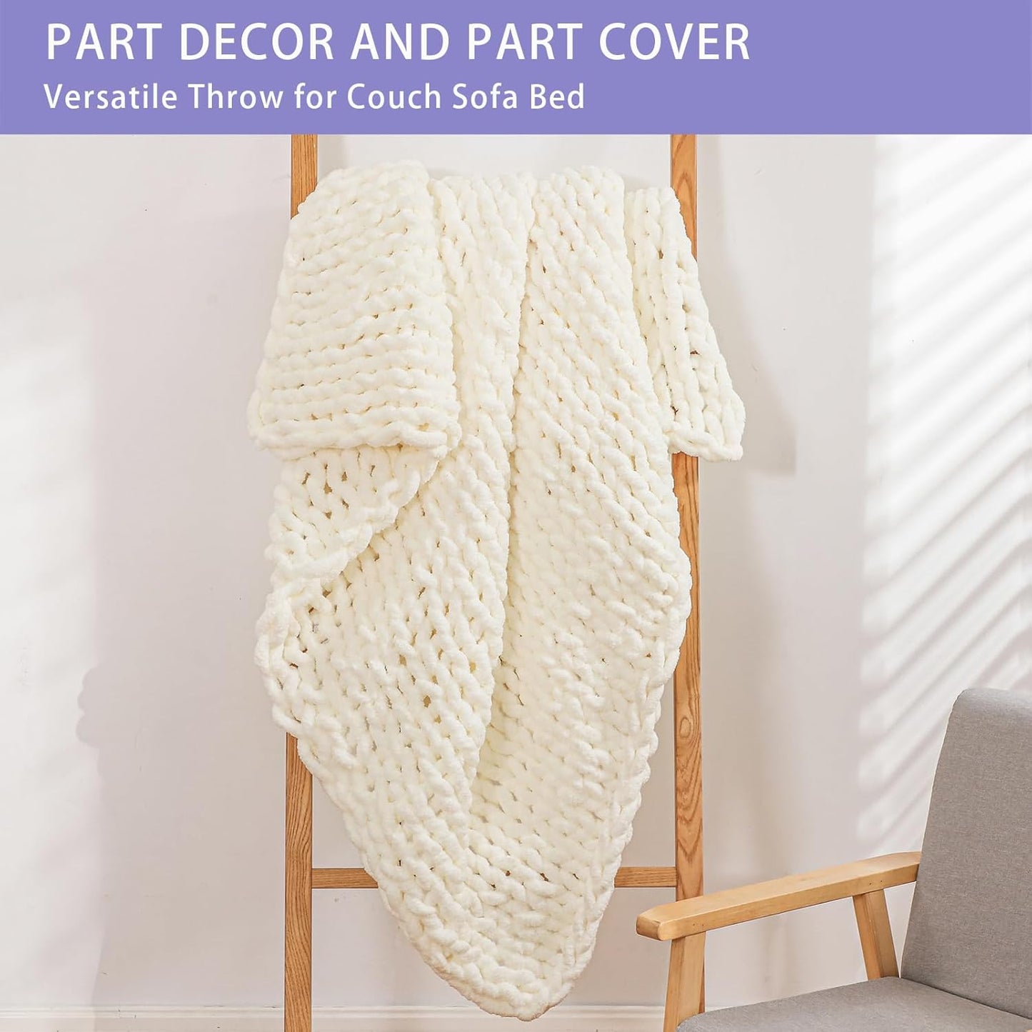 Bigacogo Chunky Knit Throw Blanket for Couch, 40x60 inches, 100% Hand Knitted with Thick Jumbo Chenille Yarn, Cozy Soft Large Rope Knot Cable Crochet Blankets for Sofa Bed Living Room, Ivory
