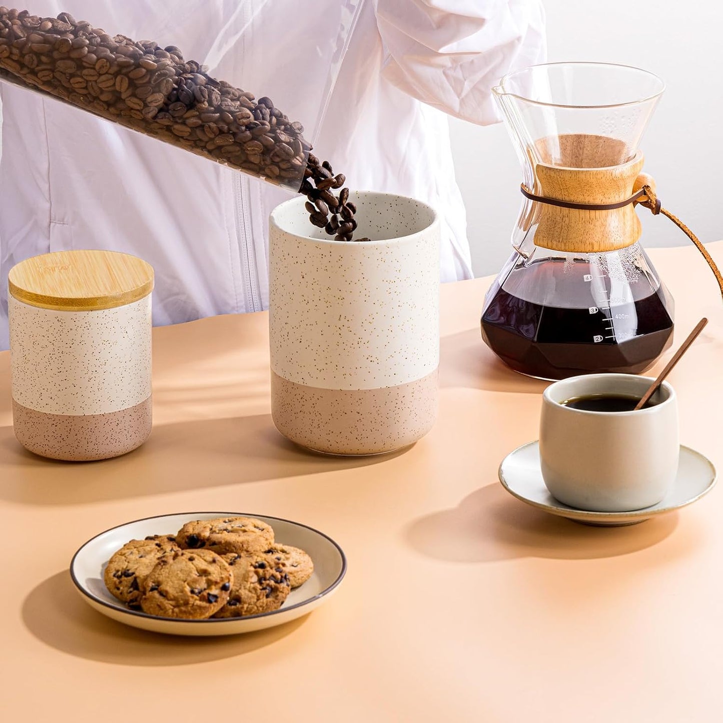 Yangbaga Canister Sets for Kitchen Counter, 40 OZ Large Ceramic Food Storage Jars with Airtight Wood Lids, Large Kitchen Canisters for Coffee, Sugar, Tea, Flour, Spice Visit the Store