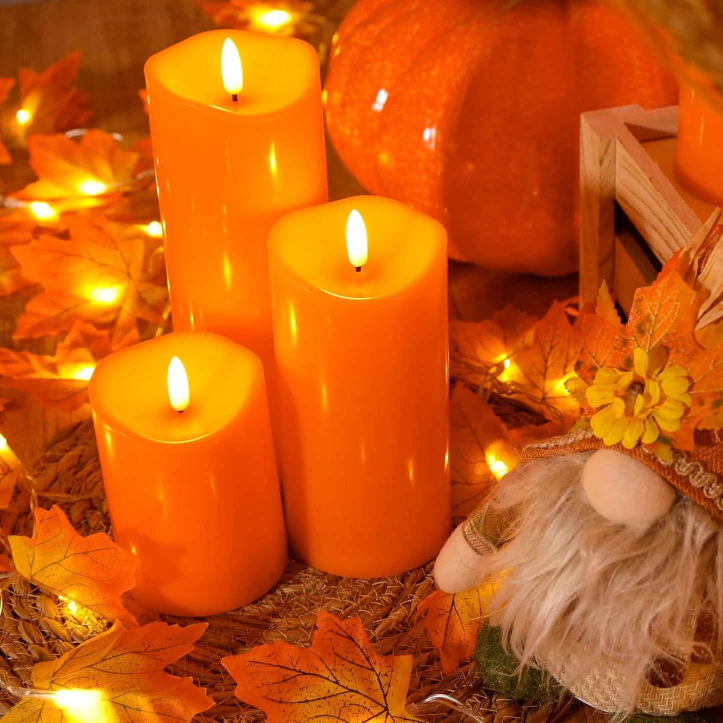 NURADA Outdoor Flameless Candles with Remote Timer - Waterproof Realistic Flickering LED Pillar Electric Battery Operated Fake Candle for Halloween Home Fireplace Decor - 3 Pack Orange (D3”H4”6”8”)