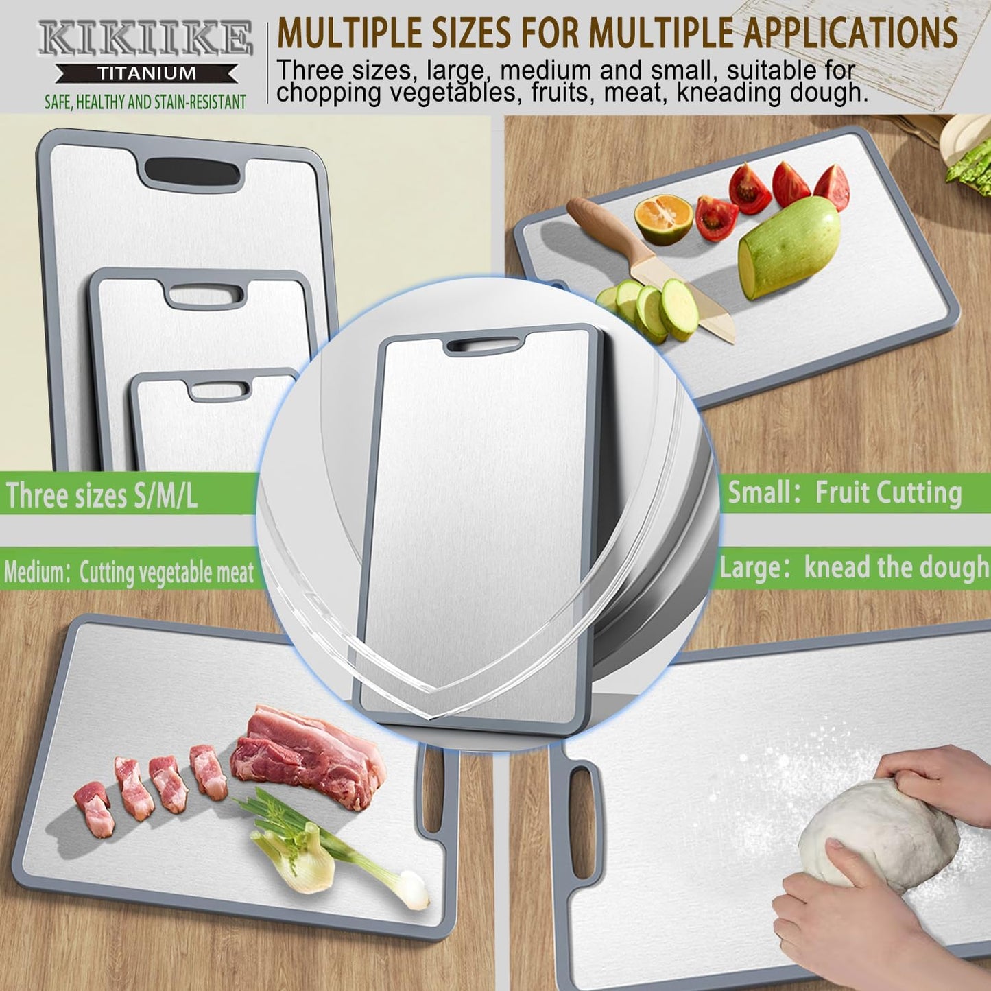 Titanium Cutting Board Double-sided non-slip silicone edging Pure Titanium Cutting Boards for Kitchen - Double-Sided Food-Grade Chopping Board Non-Stick Durable and easy to clean (Large)