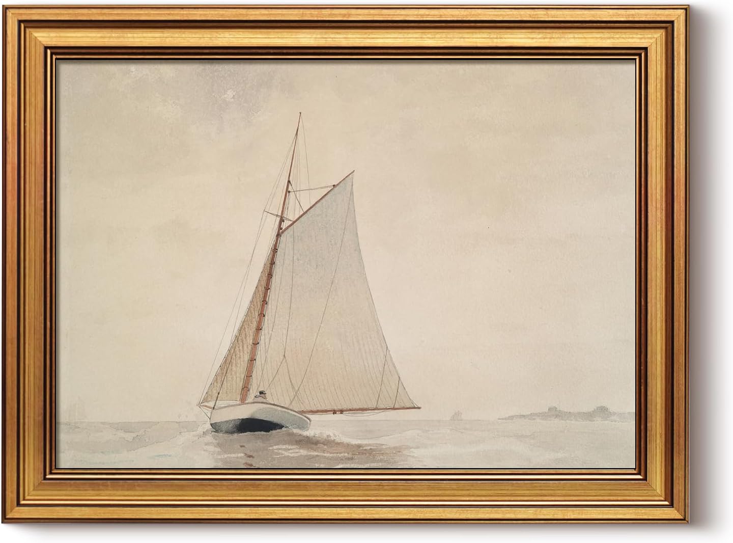 HUARCEY Gold Framed Vintage Wall Art for Living Room, Seaview Painting Prints Shelf Decor for Kitchen, Aesthetic Bedroom Wall Art, Christmas Gifts for Friends or Family (White Sailboat - 12"x16")