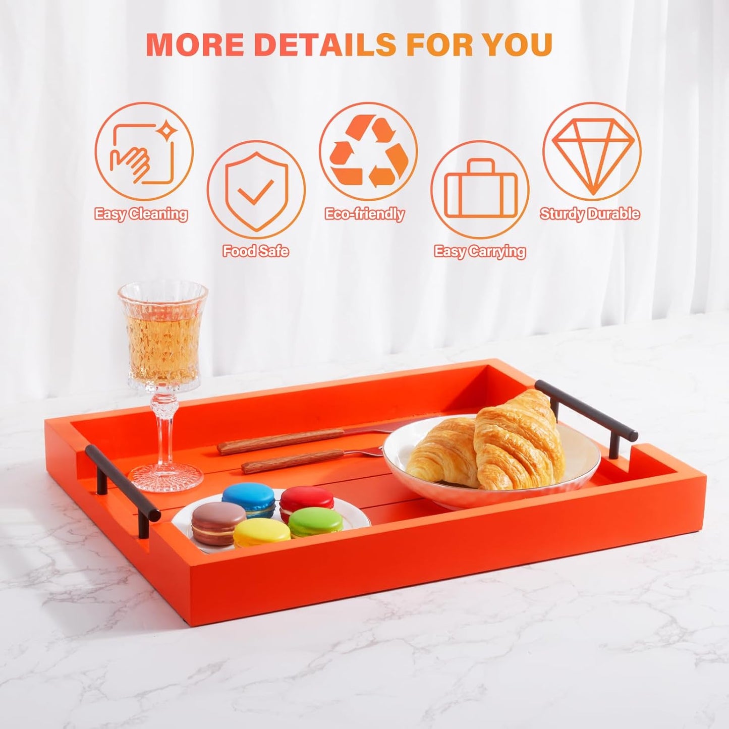 Ottoman With Handle for Living Room - Set of 4 Natural Wooden Coasters - Rustic Serving Tray for Coffee Table - Kitchen Decorative Tray With Handles (Orange)
