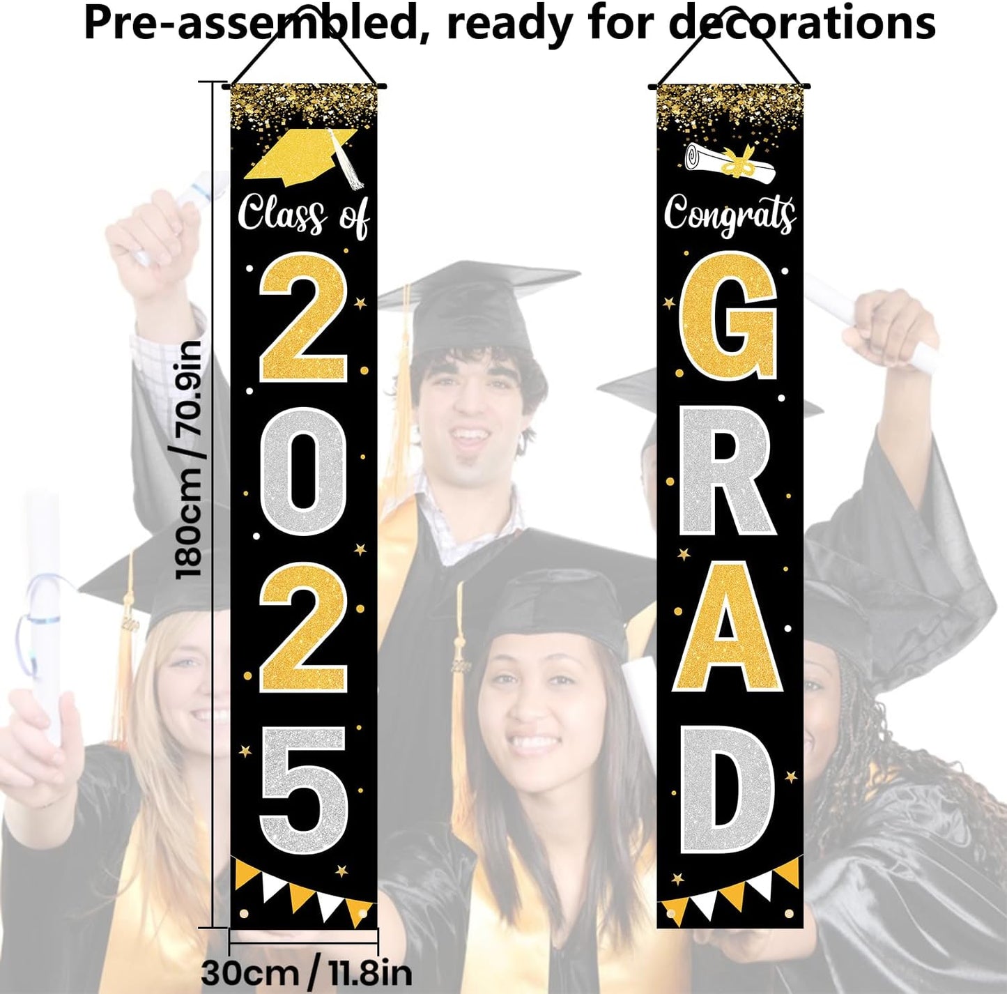Graduation Decorations 2025 GRAD Banner Black Porch Door Sign Welcome Banner For Indoor Outdoor Wall Graduation Decorations Class of 2025