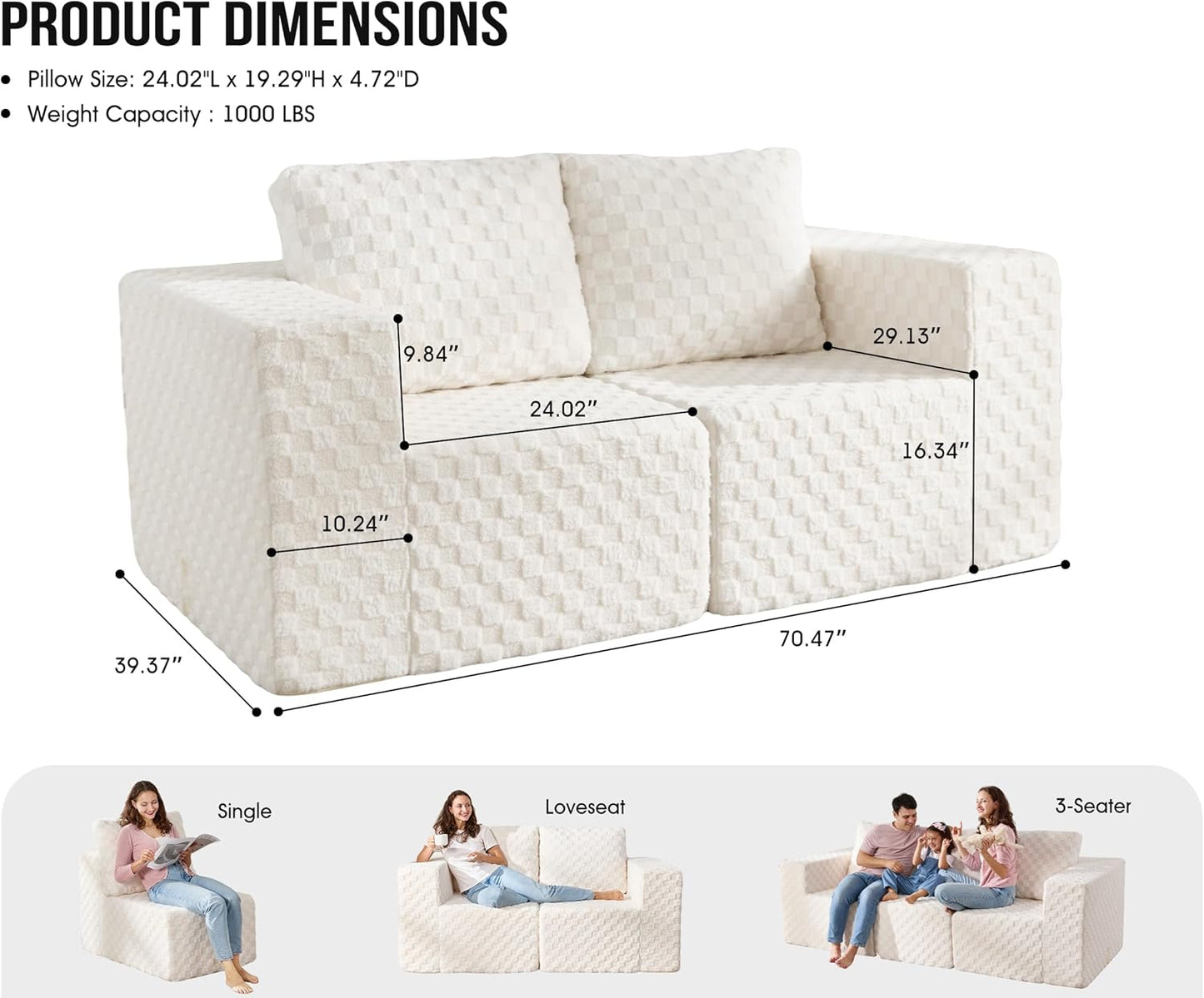 Modular Sectional Sofa 2 Seater Loveseat Modular Couch with Deep Seat Memory Foam Cloud Chair with Pillows Oversized Sectional Sofa for Living Room Bedroom (Plush White, Loveseat)
