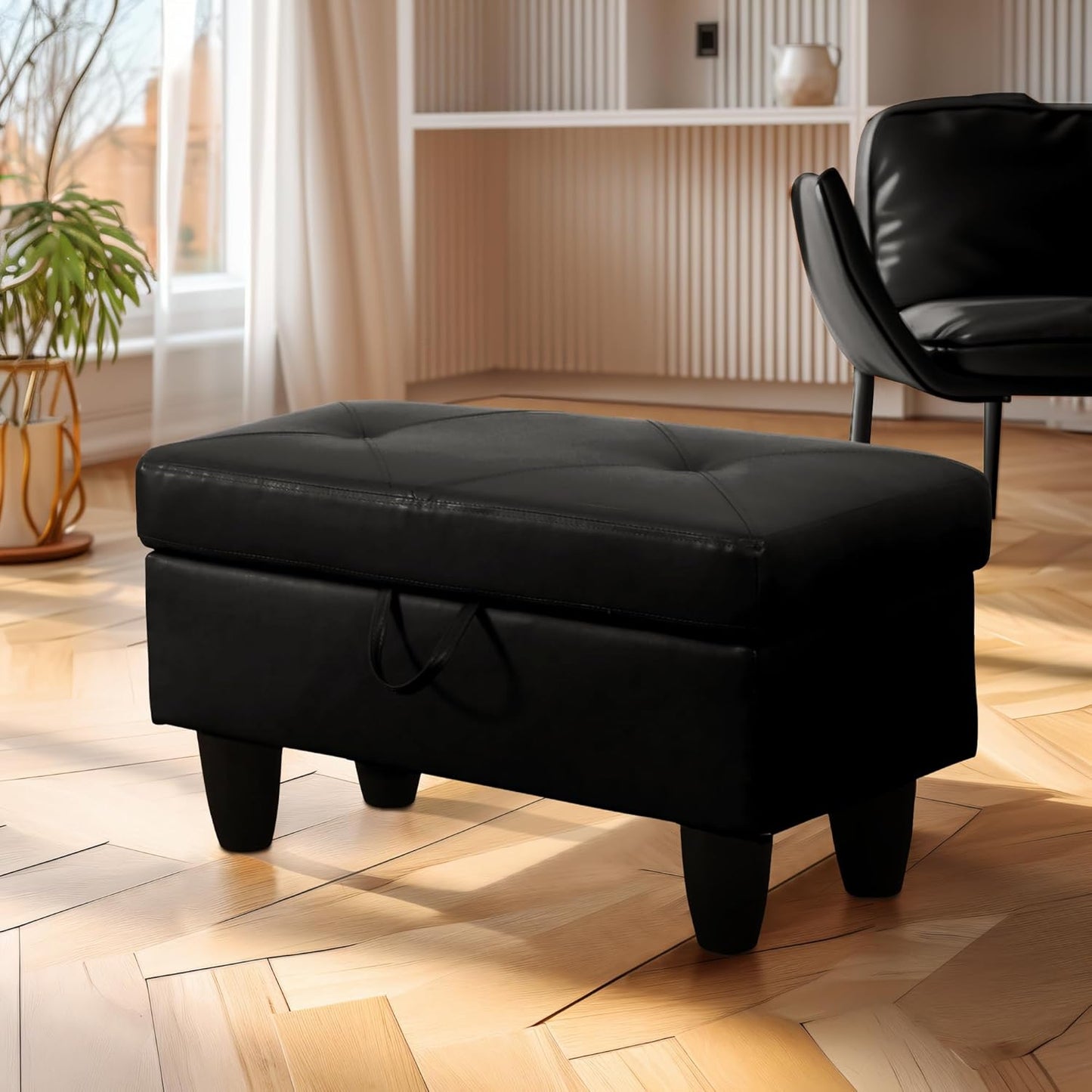 Ottoman Rectangular Storage Ottoman Bench, Faux Leather Footrest, Coffee Table, Stool Footstool with Hinged Lid for Living Room, Bedroom, Entryway, Black, 28.5"x19"x17.5"