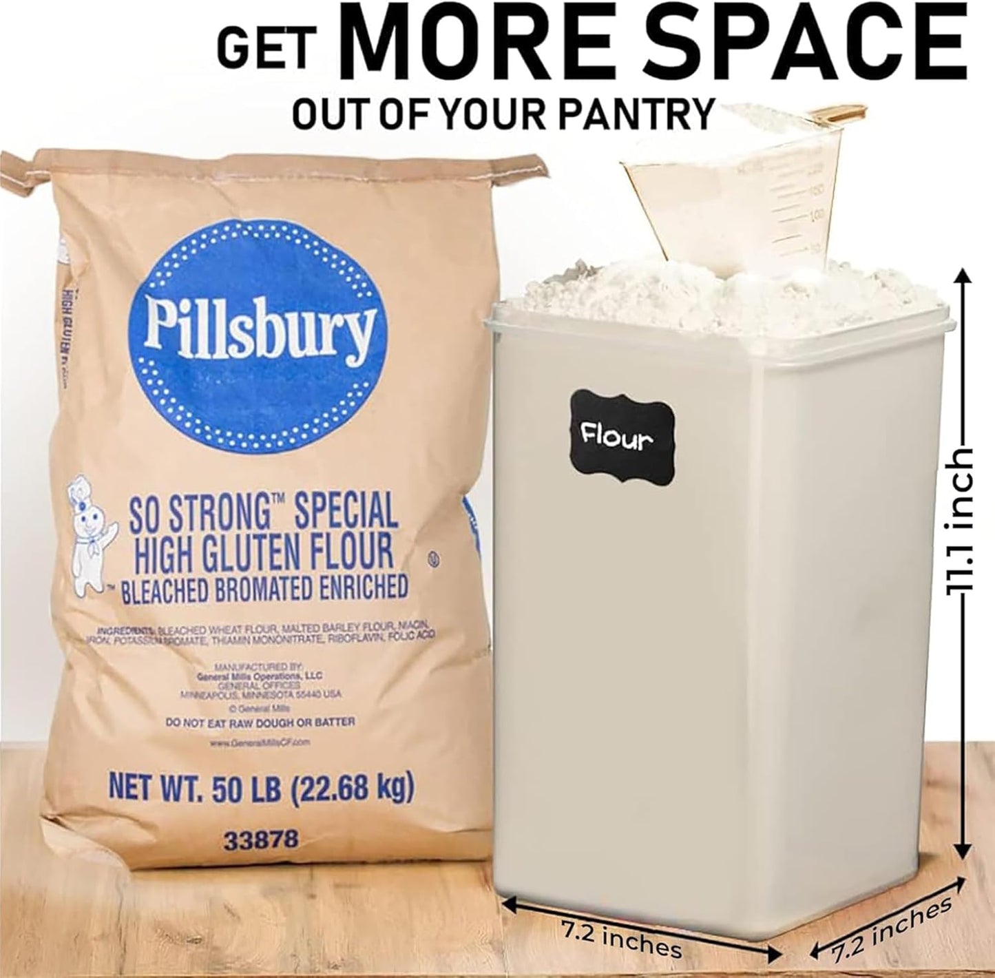 WHITE FEATHER SUPPLIES 4 Pc Flour Sugar Storage Container, Large Food Storage Containers with Lids Airtight for Kitchen, BPA Free Plastic Cereal Containers Storage [2 X 6.5 + 2 X 5.2] 4 Measuring Cup