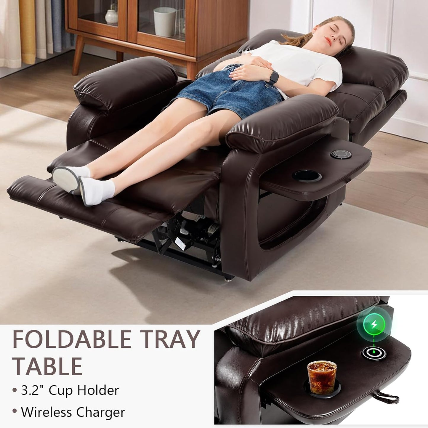 Dual Motor Power Lift Recliner Chair for Adult & Elderly, Infinite Position Lay Flat Lift Chair with Heat & Massage, Cup Holder, Lumbar Pillow, Wireless Charger, USB Ports, Leather (Brown)