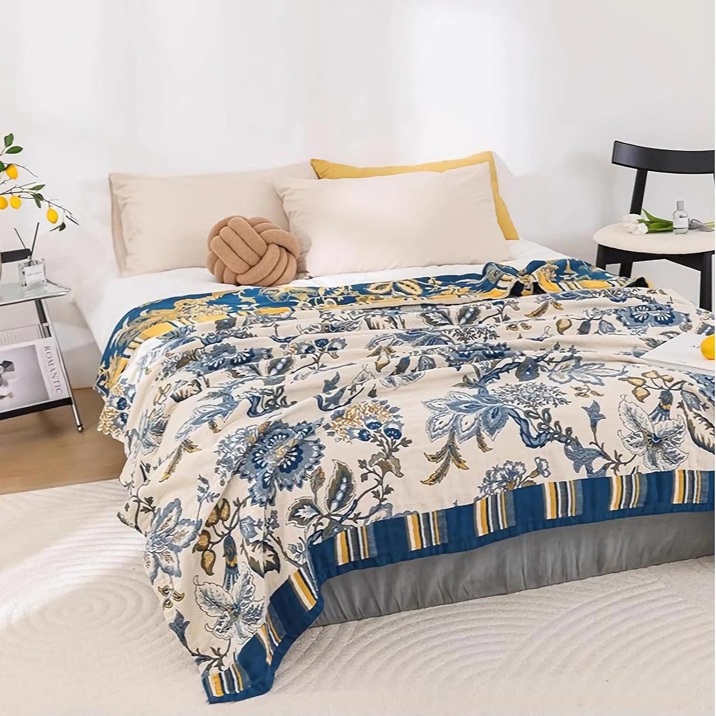 Snycler Boho Throw Blanket for Bed - 100% Cotton Ultra Soft Rustic Quilt - White Blue Floral Printed Farmhouse Decor Bed Blankets, 60"×80" All Season Rustic Throw for Sofa Couch Chair