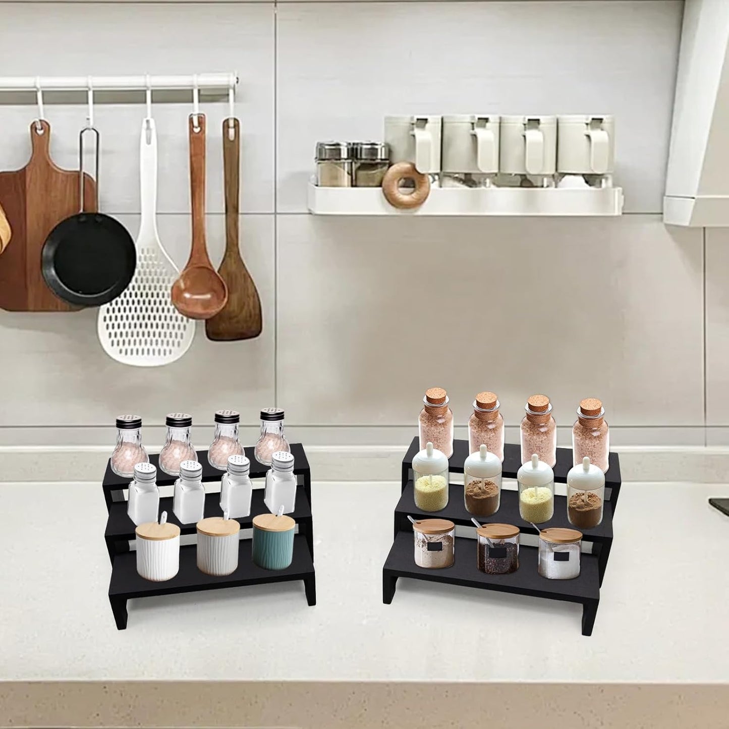 Display Wood Risers Wooden Stand 3 Tier Black Wood Racks Decorative Rectangular, 2 Set 6 Piece Cupcake Stands Cologne Perfume Organizer Dessert Showcase(Black)