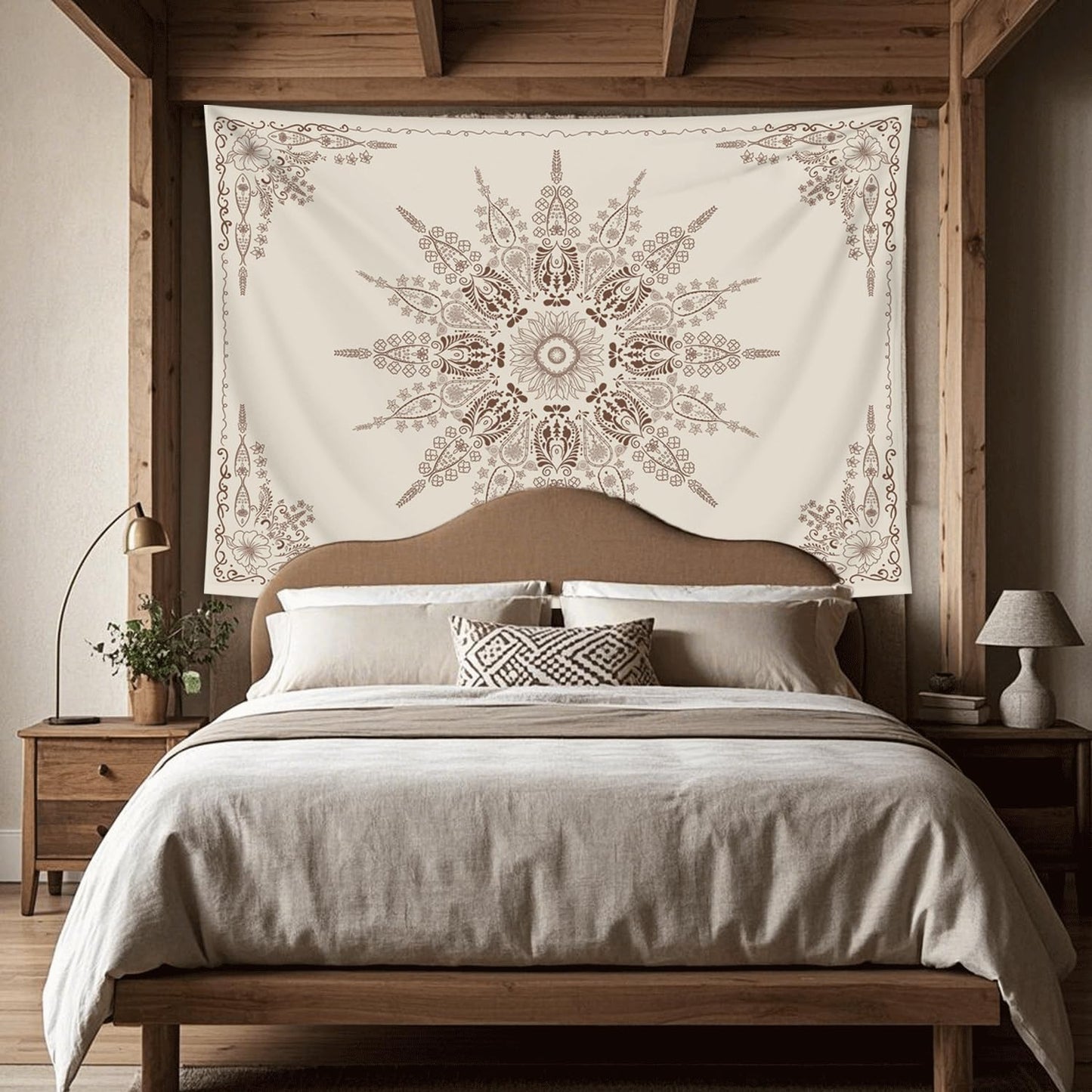 FORATER Floral Bohemian Tapestry, Flower Aesthetic Indian Wall Hanging Boho Tapestries Mandala Room Decor Tapestry for Bedroom Living Room Dorm (Flaxen, 82L x 61W)