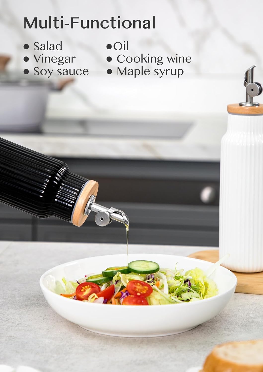 Nucookery Ceramic Olive Oil Dispenser Bottle for Kitchen, 14 oz Opaque Vinegar Dispenser Bottle, Large Capacity Cooking Oil Container for Storage Vinegar, Soy Sauce, Coffee Syrup, Black