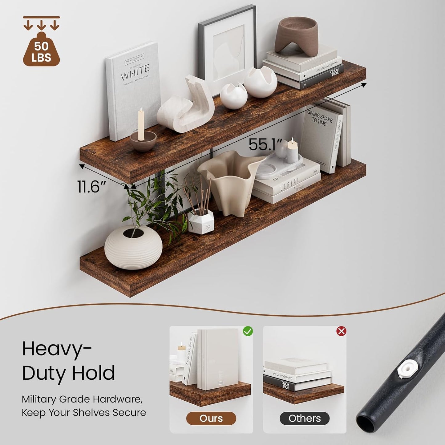 Heimlove 12 Inch Deep Floating Shelves, 55 x 12 inch Extra Long Floating Shelves for Wall, Large Display Shelf & Storage Shelf for Living Room Bedroom Kitchen Home Office, Set of 2, Rustic Brown