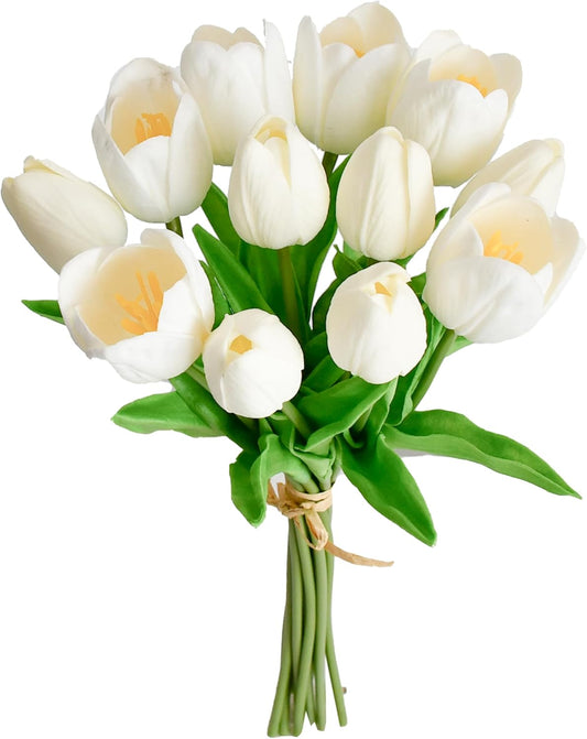 Mandy's Artificial Tulips 12 Stems White PU Faux Flowers for Wedding Home Decor 13.5 Inch