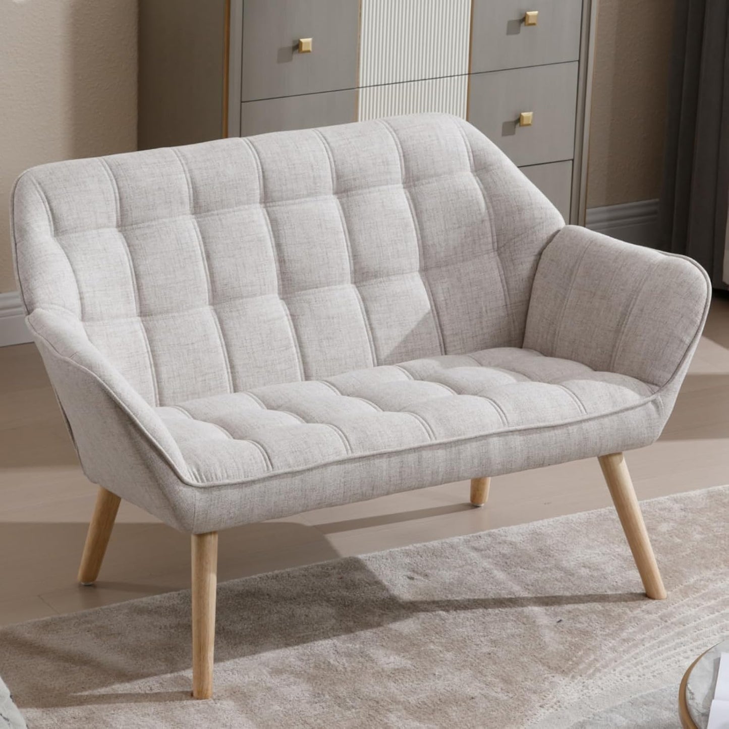 48" Small Loveseat Sofa, Modern Linen Fabric Mini Sofa Couch 2-Seater Love Seat with Quilting Backs and Wood Legs for Living Room, Bedroom and Small Space, Beige