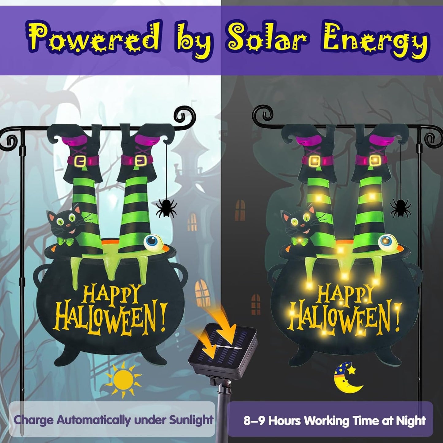 Halloween Lighted Garden Flag for Outside, Witch Feet Shape Flag Yard Decor, 8 Modes 12x18 Double Sided Cauldron Eyeball Black Cat Outdoor Hlloween Decorations for Home Porch（Warm White-12x18）