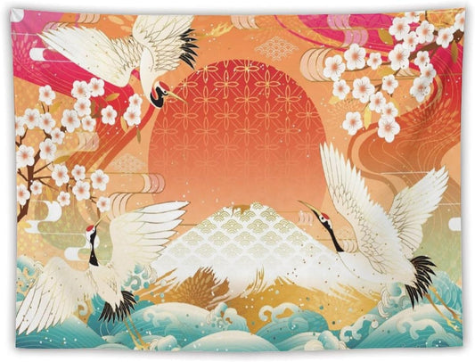 HZOHNAGO Japanese Tapestry Cherry Blossom Crane Sea Wave Fuji Mountain Red Sun Pattern Printed Wall Tapestry Painting Wall Hanging for Bedroom Living Room Dorm 80" W x 60" H