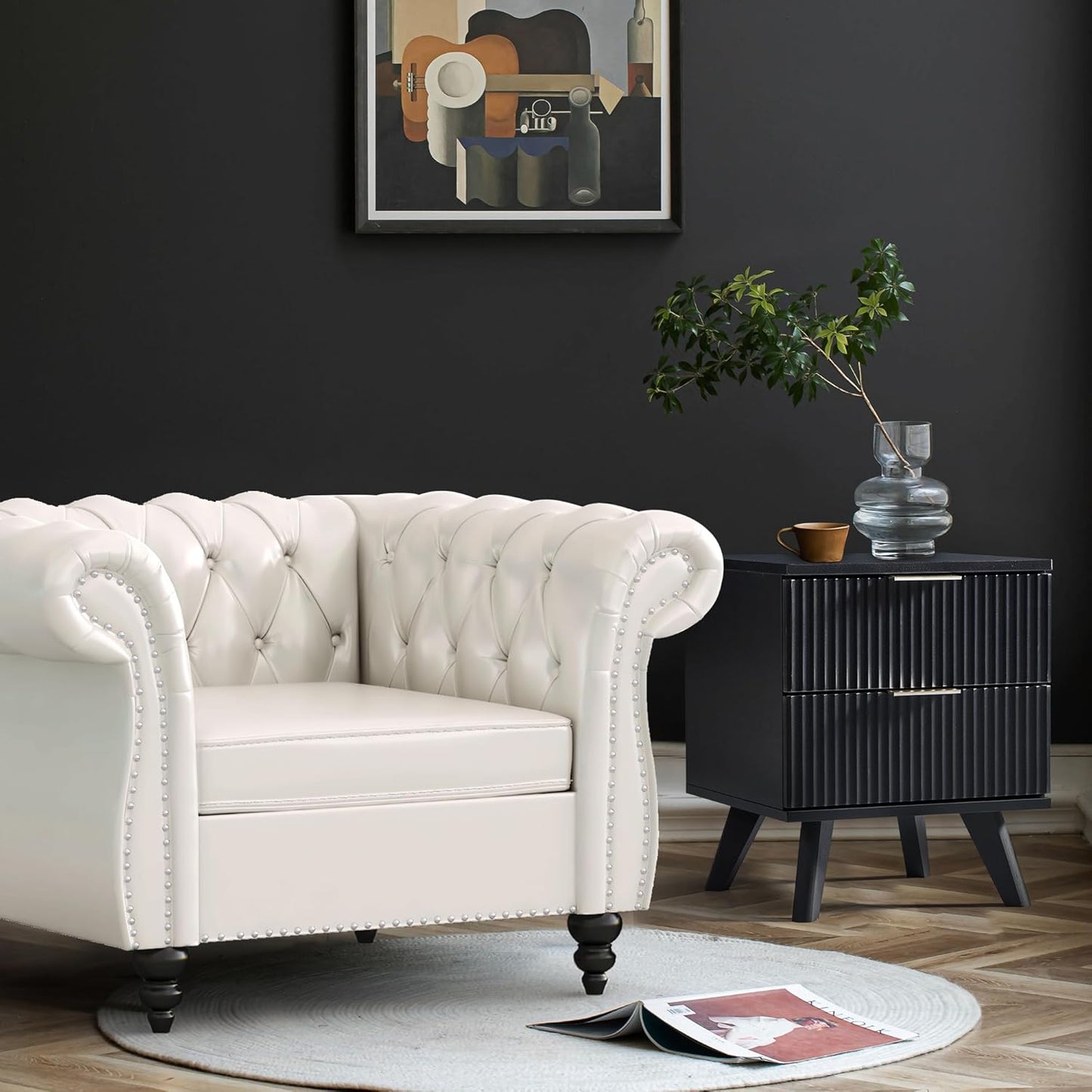 Fluted Nightstand, Mid Century Modern 2 Drawer Bedside Table for Bedroom, Small Dresser Night Stand Side Table End Tables with Wood Drawer Storage for Bedroom Closet(Black)