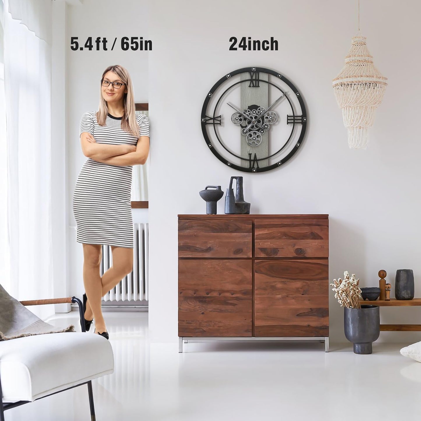 Micasso 24 inch Large Real Moving Gears Wall Clock: Black Industrial Steampunk Roman Numeral Clock - Modern Wall Decor for Living Room/Entryway/Office