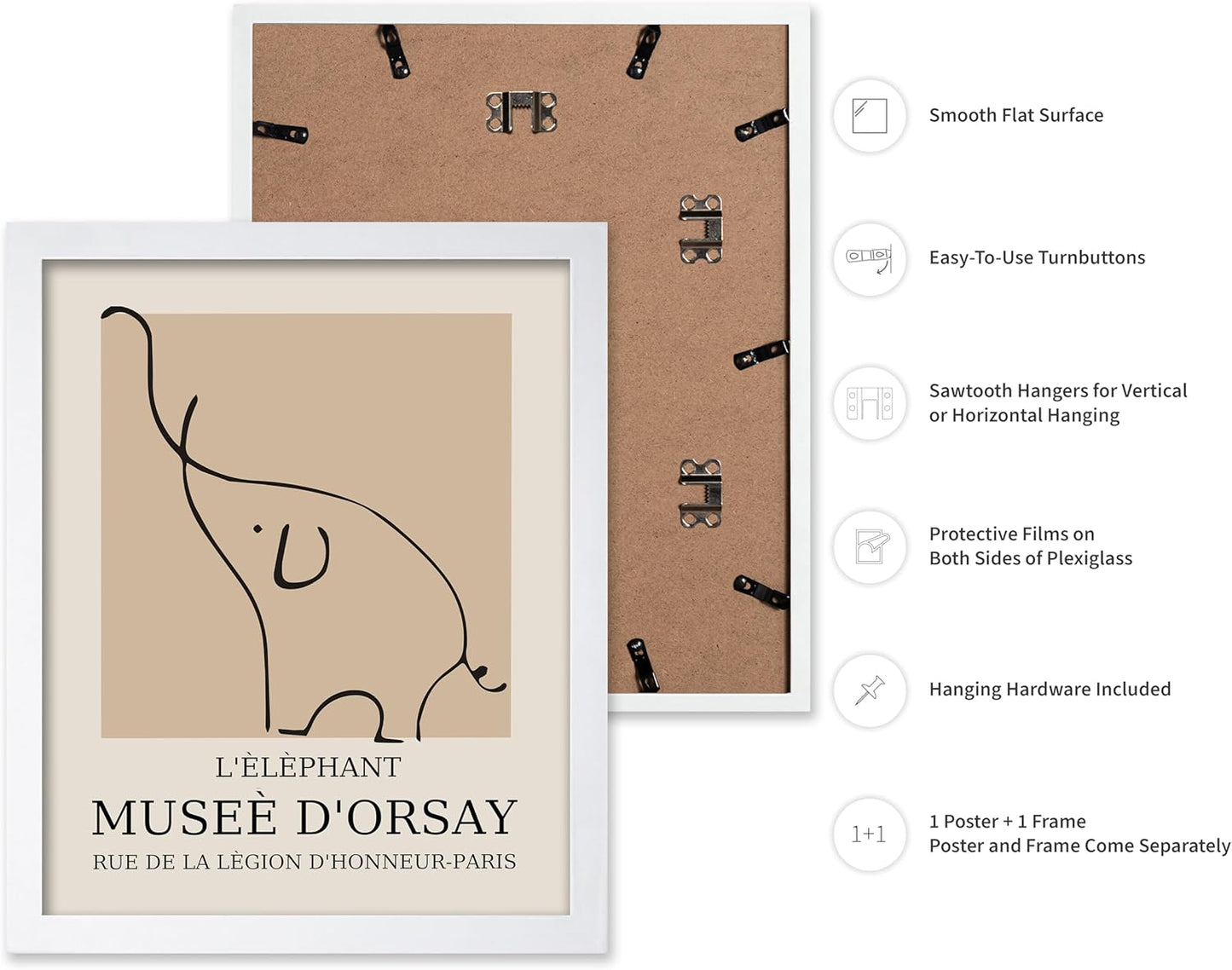 Poster Master Vintage Poster - Retro Minimalist Print - Gift for Artist, Housewarming - Elephant, Line Drawing, Sketch, Abstract - Wall Decor for Living Room, Bedroom, 8x10 White Framed