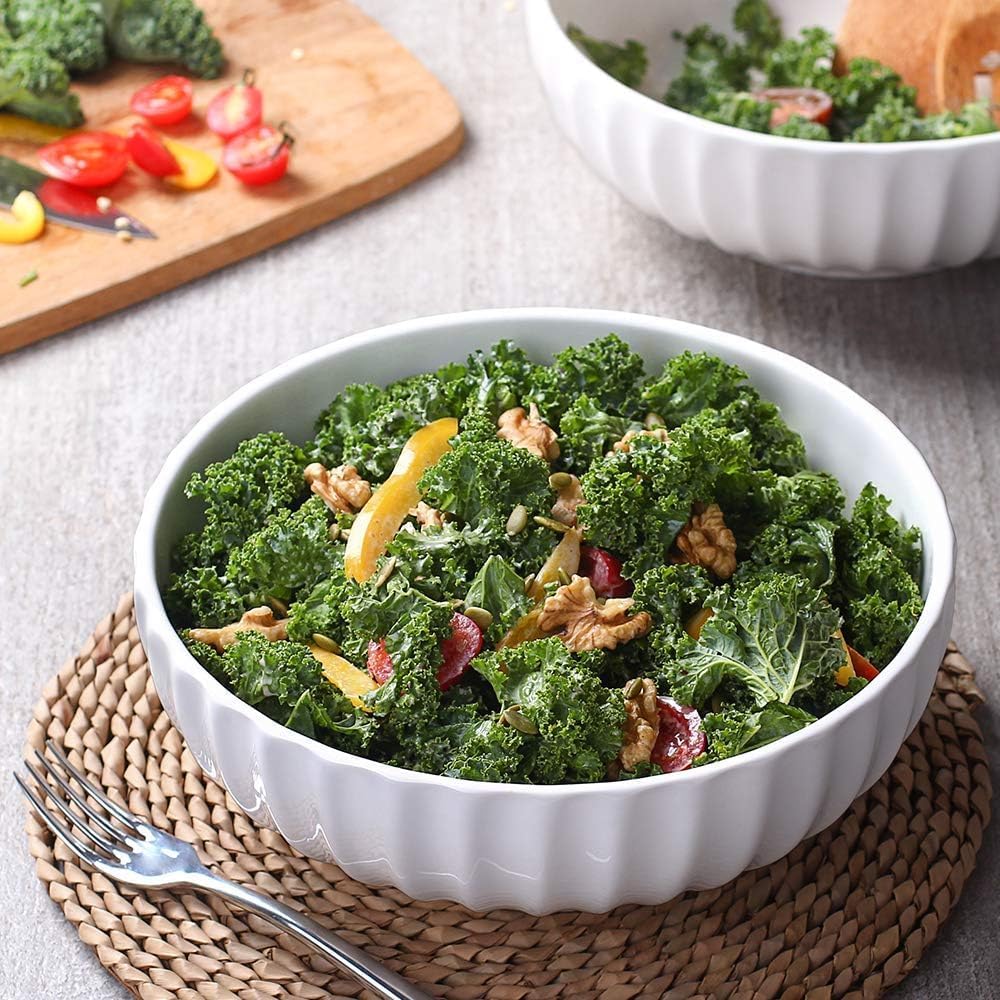 DOWAN 9.8'' Serving Bowls, 86 oz White Serving Platters, Large Ceramic Serving Dishes, Fruit Bowl, Set of 2, for Entertaining, Party, Kitchen, Dinner, Banquet, Housewarming Gift, Soft White