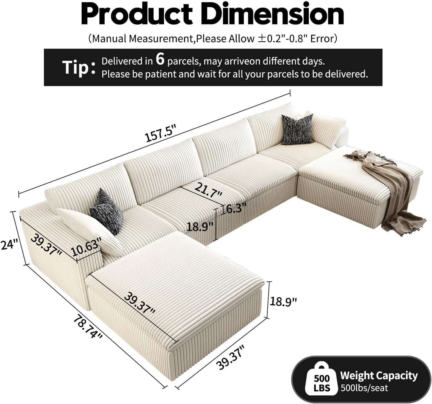 157.5" Cloud Couch Oversized Modular Sectional Sofa for Living Room,Modern Sofa with Deep Seat，U-Shape Boneless Couch with 2 Ottoman,Comfy Upholstered Couches for Apartment, Studio, Office,White