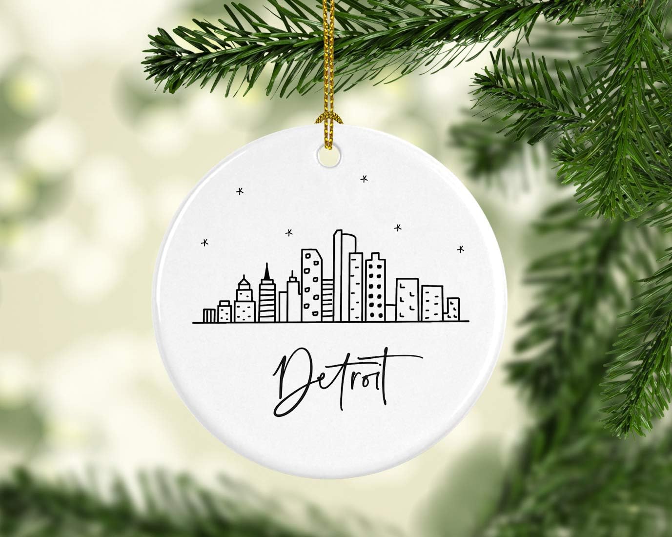 Andaz Press Round Ceramic Porcelain Christmas Tree Ornament Keepsake, Detroit Black and White Stars City Skyline Graphic, 1-Pack, Birthday Gift Idea for Family, Coworker, Him, Her, Includes Gift Box
