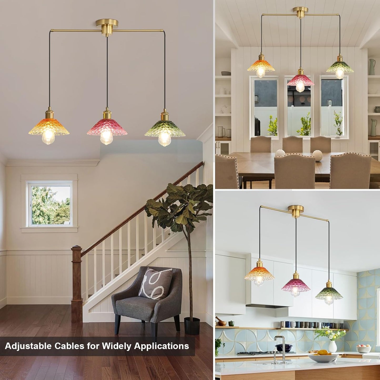 3-Light Pendant Lights Kitchen Island, Ceiling Hanging Lighting Fixtures, Colorful Vintage Glass Shade Pendants, Modern Gold Dining Room Chandeliers Height Adjustable for Farmhouse Living Room