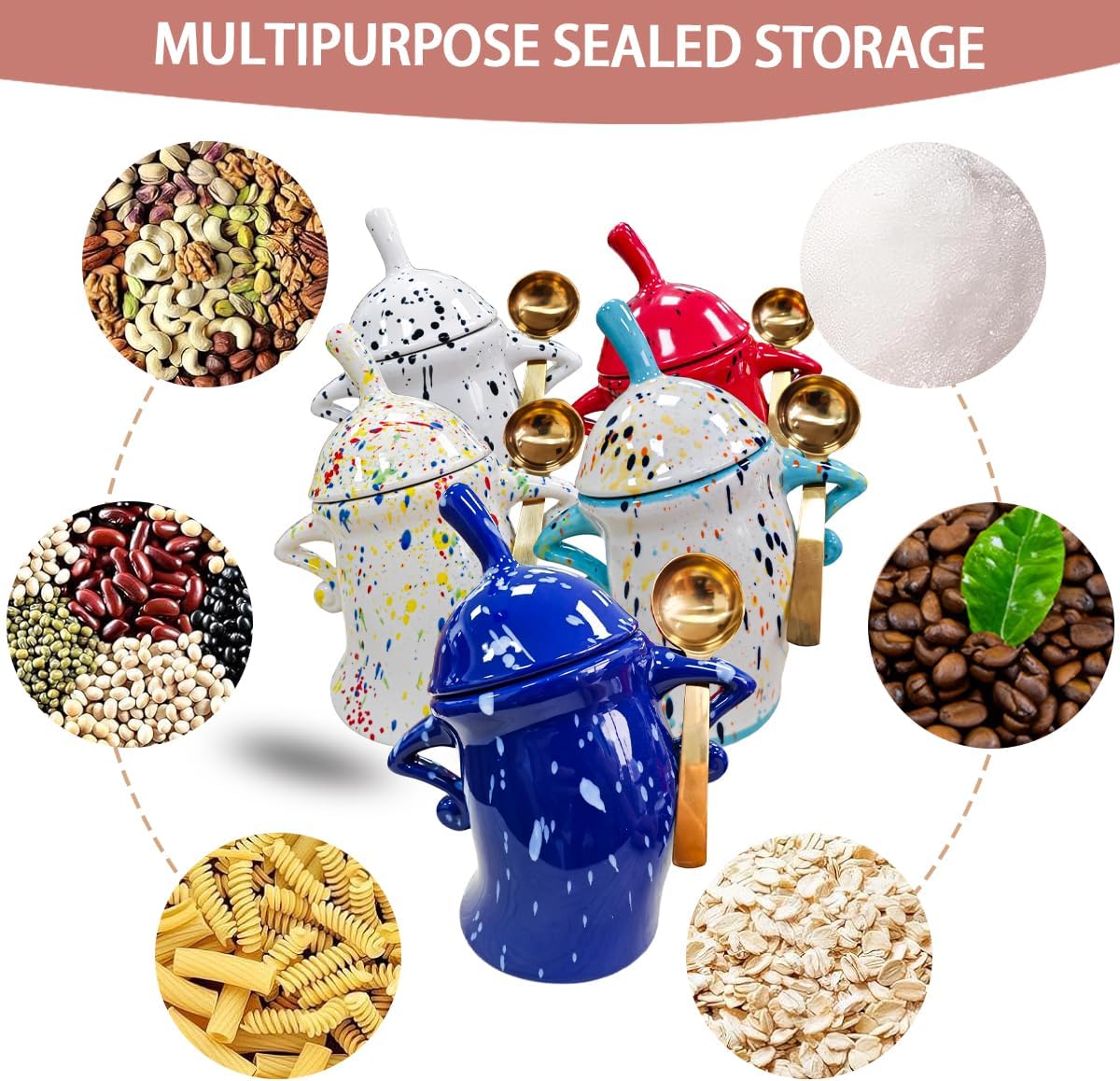 Ceramic Kitchen Canister with Silicone Seal Lid,Modern Elegant Design Airtight Lid Storage Food Jar Canister for Kitchen Sugar Coffee Tea Spice or More (Colorful)