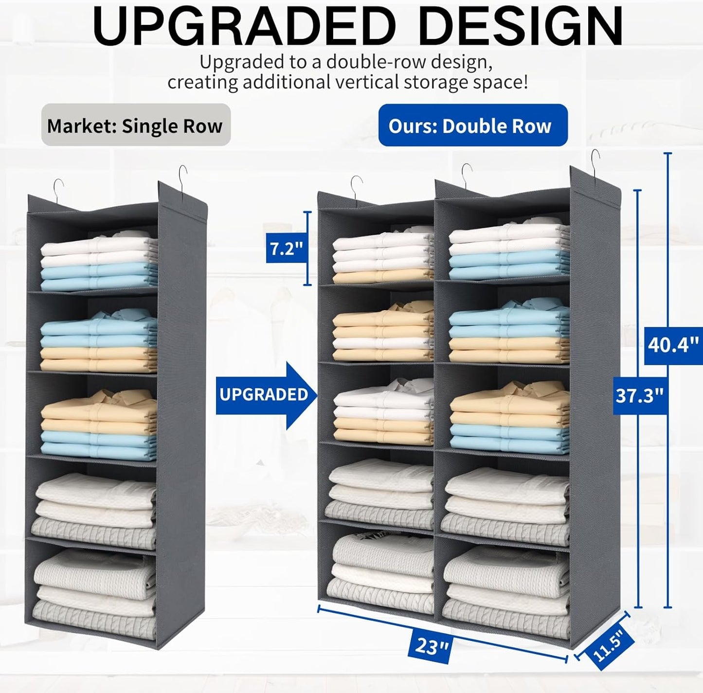 5 Tier Shelf Hanging Closet Organizer, Dual-Row 10 Pocket Cloth Hanging Shelf with 3 Sturdy Hooks for Storage, Foldable (Grey)