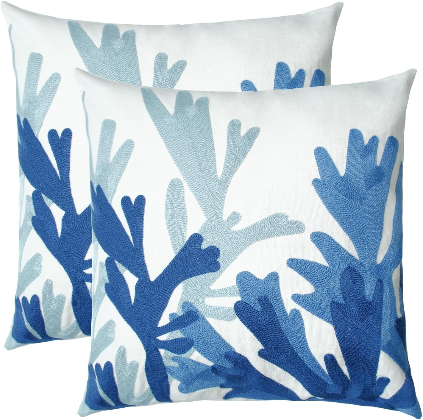 Embroidered Decorative Throw Pillow Cover, 18"x18" Set of 2, Farmhouse Pillowcase Blue Corals Knit Pattern Cotton Canvas Cushion Case Square Floral Pillow Case for Sofa Couch Bed Living Room