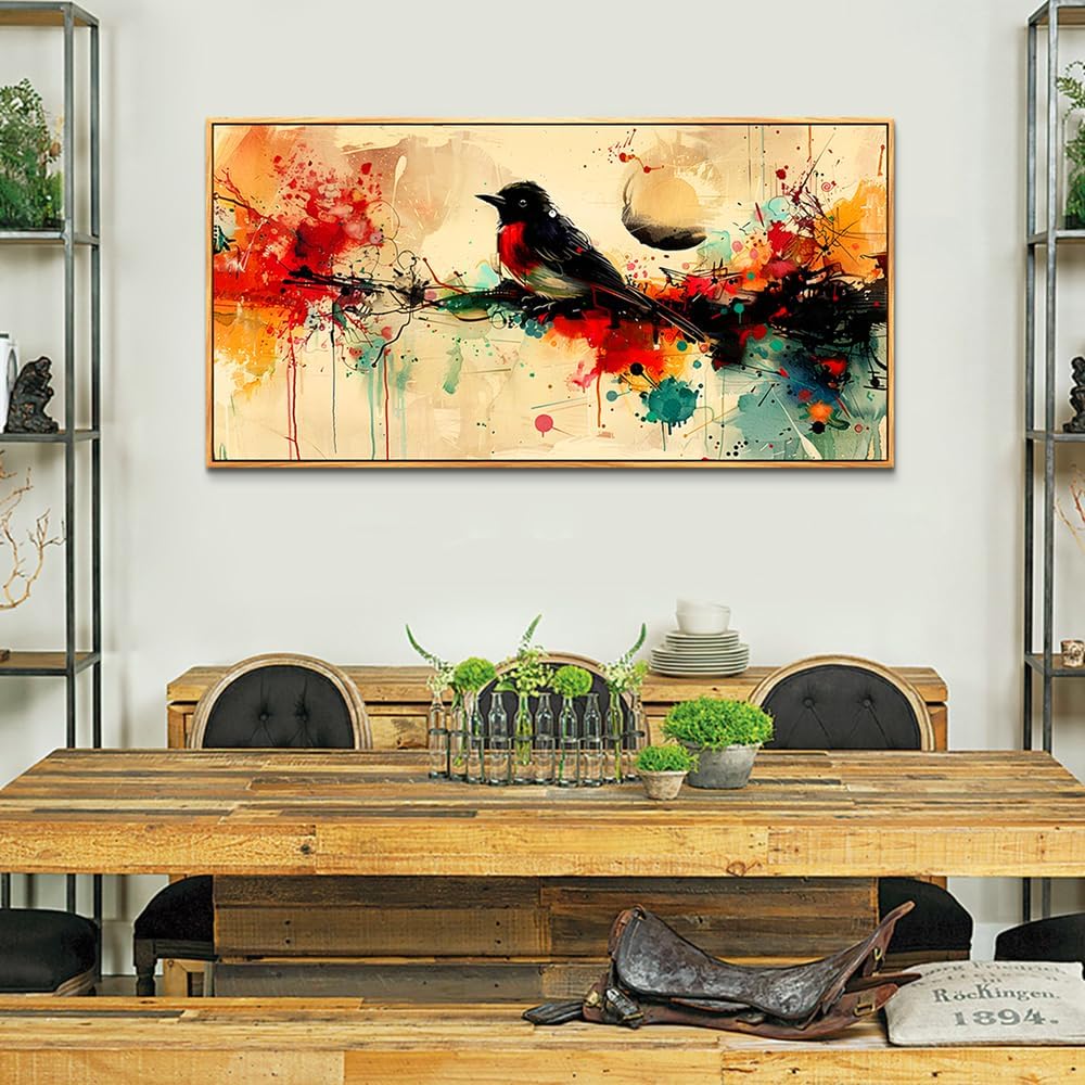 hyidecorart Wood Framed Wall Art For Living Room Large Wall Decor For Bedroom Office Home Wall Decor Pictures Posters Artwork Abstract Watercolor Bird Painting Hotel Canvas Art Room Decoration