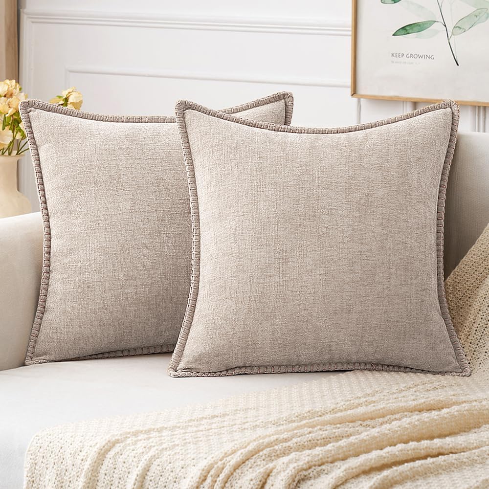 MIULEE Pack of 2 Couch Throw Pillow Covers 18x18 Inch Light Brown Farmhouse Decorative Pillow Covers with Stitched Edge Soft Chenille Solid Dyed Pillow Covers for Sofa Bed Living Room