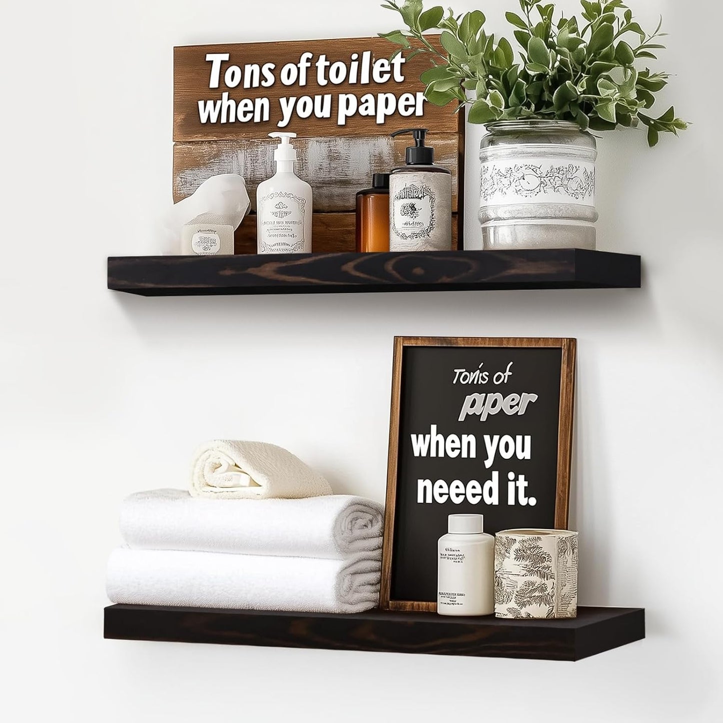 Floating Wall Shelves - 16"x6.8"x1.2" Sturdy Rustic Black Solid Wood Shelves for Storage and Décor, Easy Installation for Living Room, Bedroom, and Kitchen - 2 Pack