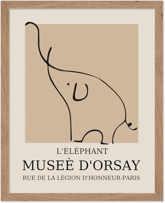 Poster Master Vintage Poster - Retro Minimalist Print - Gift for Artist, Housewarming - Elephant, Line Drawing, Sketch, Abstract - Wall Decor for Living Room, Bedroom, 8x10 Beige Framed