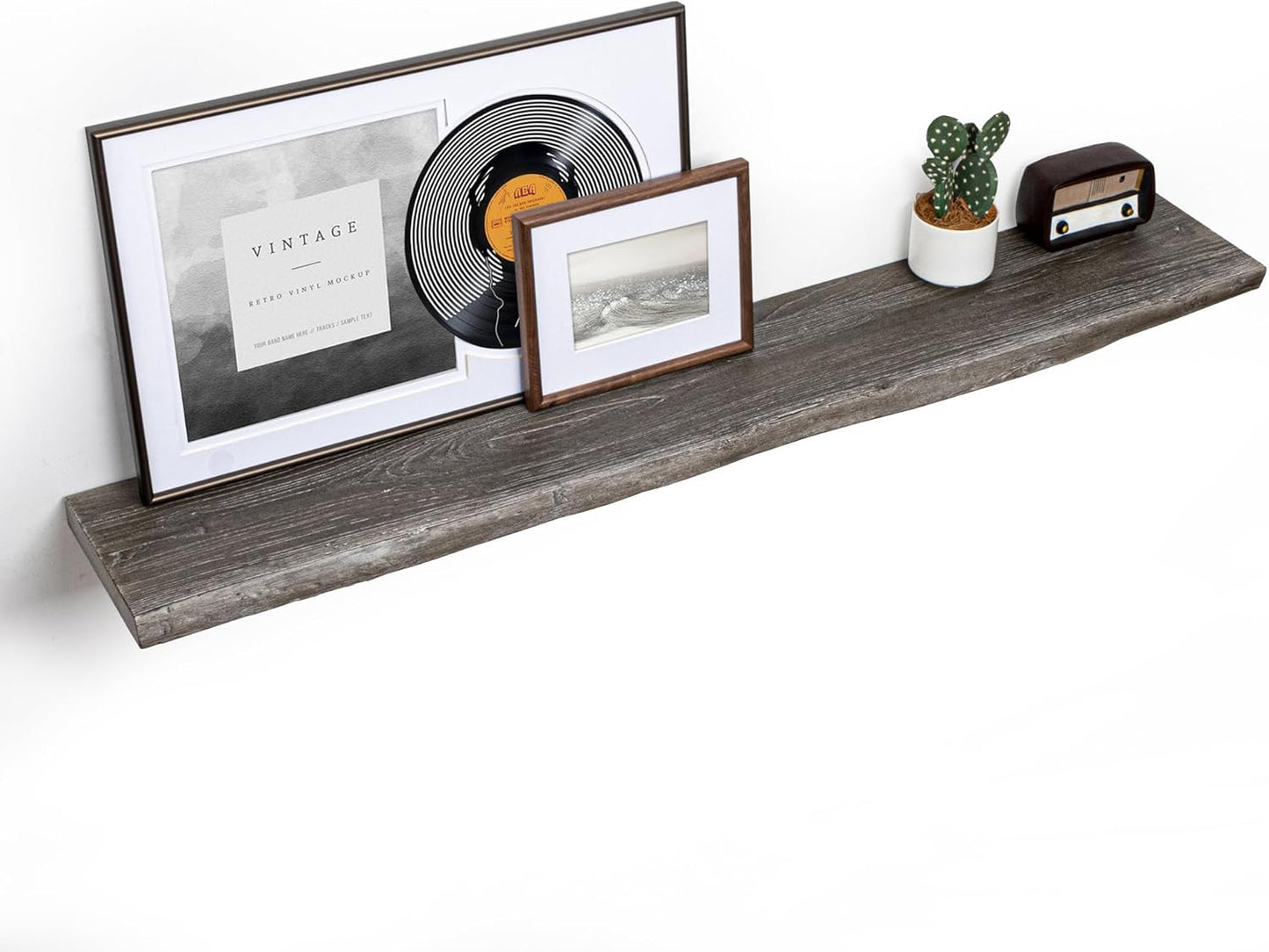 Floating Shelves for Wall, 55"x9.3" Rustic Solid Live-Edge Elm Wood Wall Shelves, Heavy-Duty Floating Shelves with Invisible Brackets, Set of 2 for Living Room, Bedroom, and Kitchen, Grey Finish